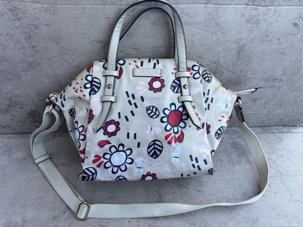 Radley London Handbag Oilskin & Leather Gray Red Flower Floral Dog Crossbody Bag